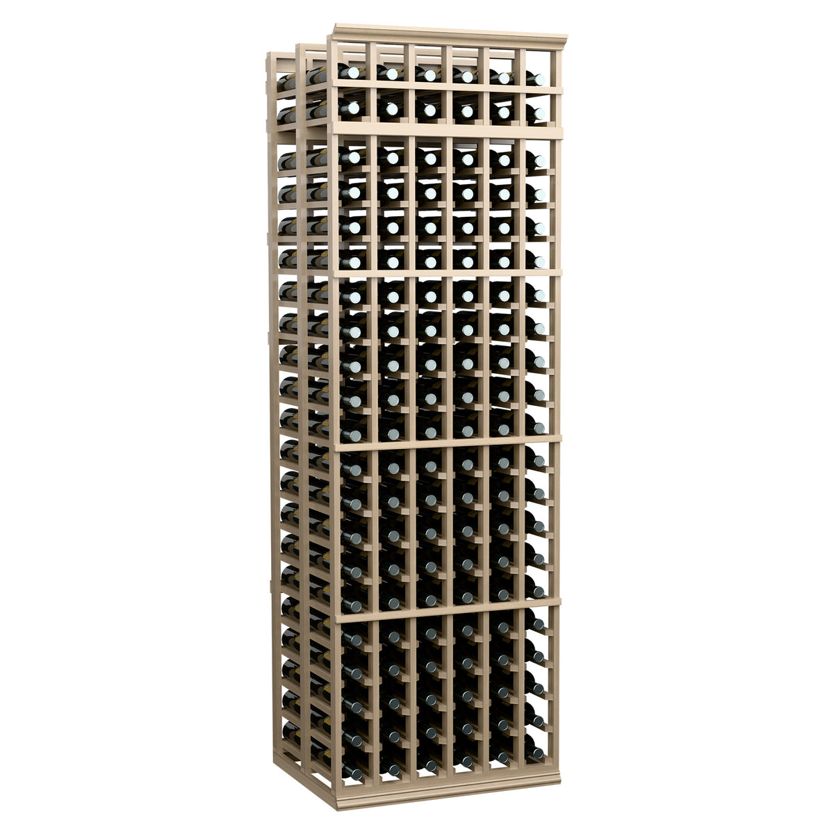 Black wood wine bottle rack, 6 columns, double-deep, 7 ft tall.