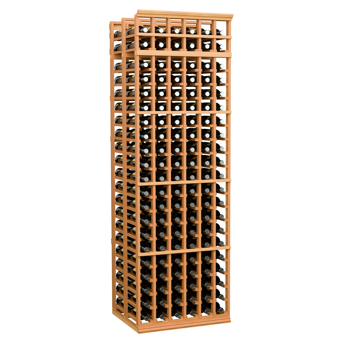 Light wood wine bottle rack, 6 columns, double-deep, 7 ft tall.