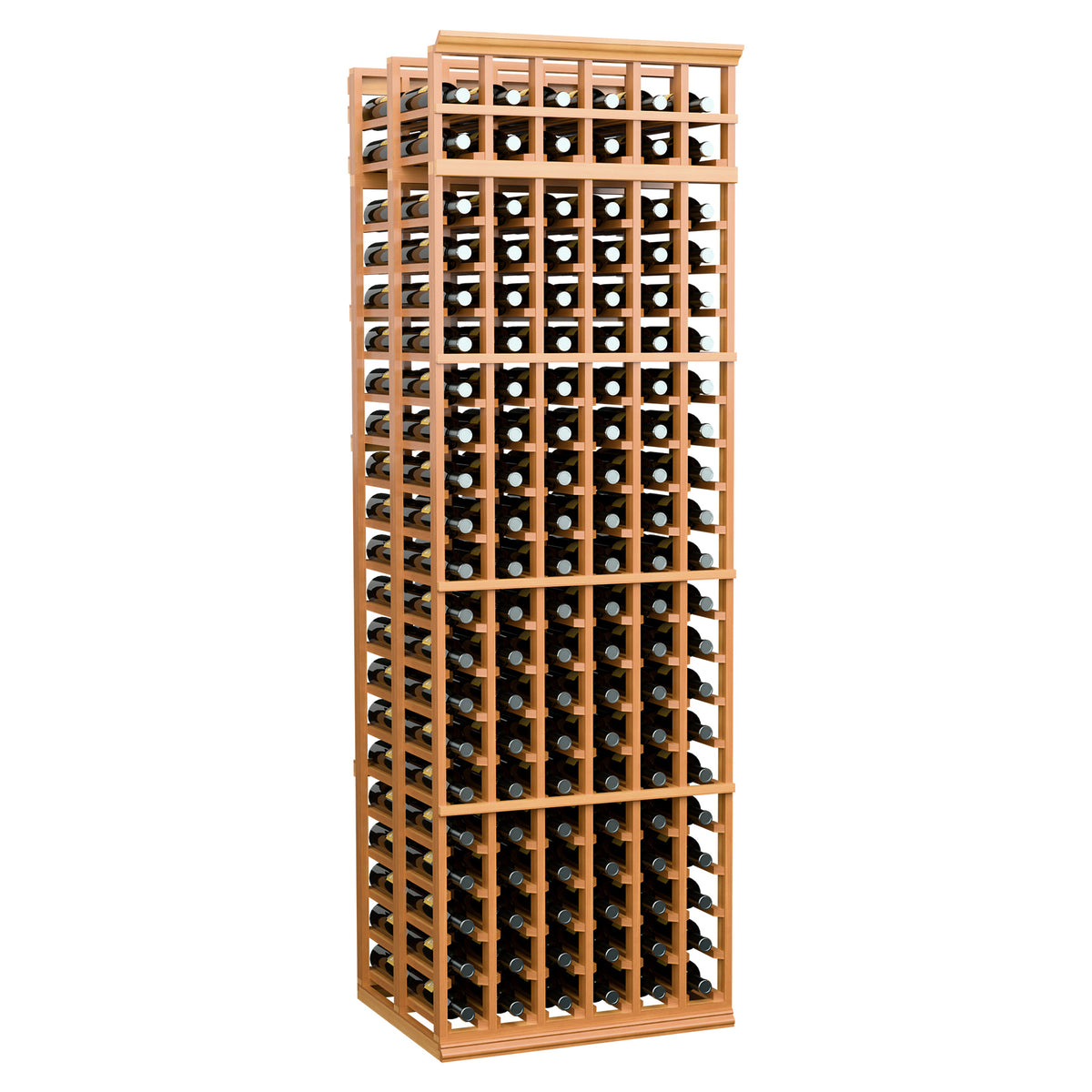 Medium-brown wood wine bottle rack, 6 columns, double-deep, 7 ft tall.