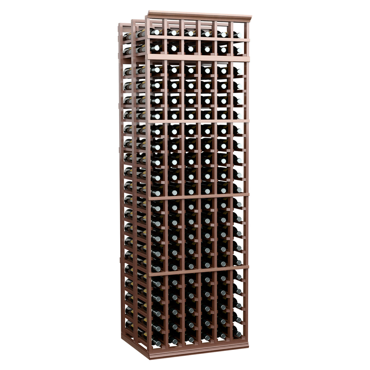 Brown wood wine bottle rack with 6 columns, double-deep, 7 ft tall.