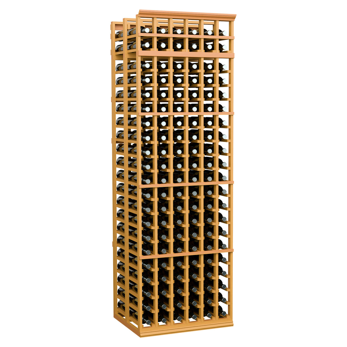Natural light wood wine bottle rack, 6 columns, double-deep, 7 ft tall.