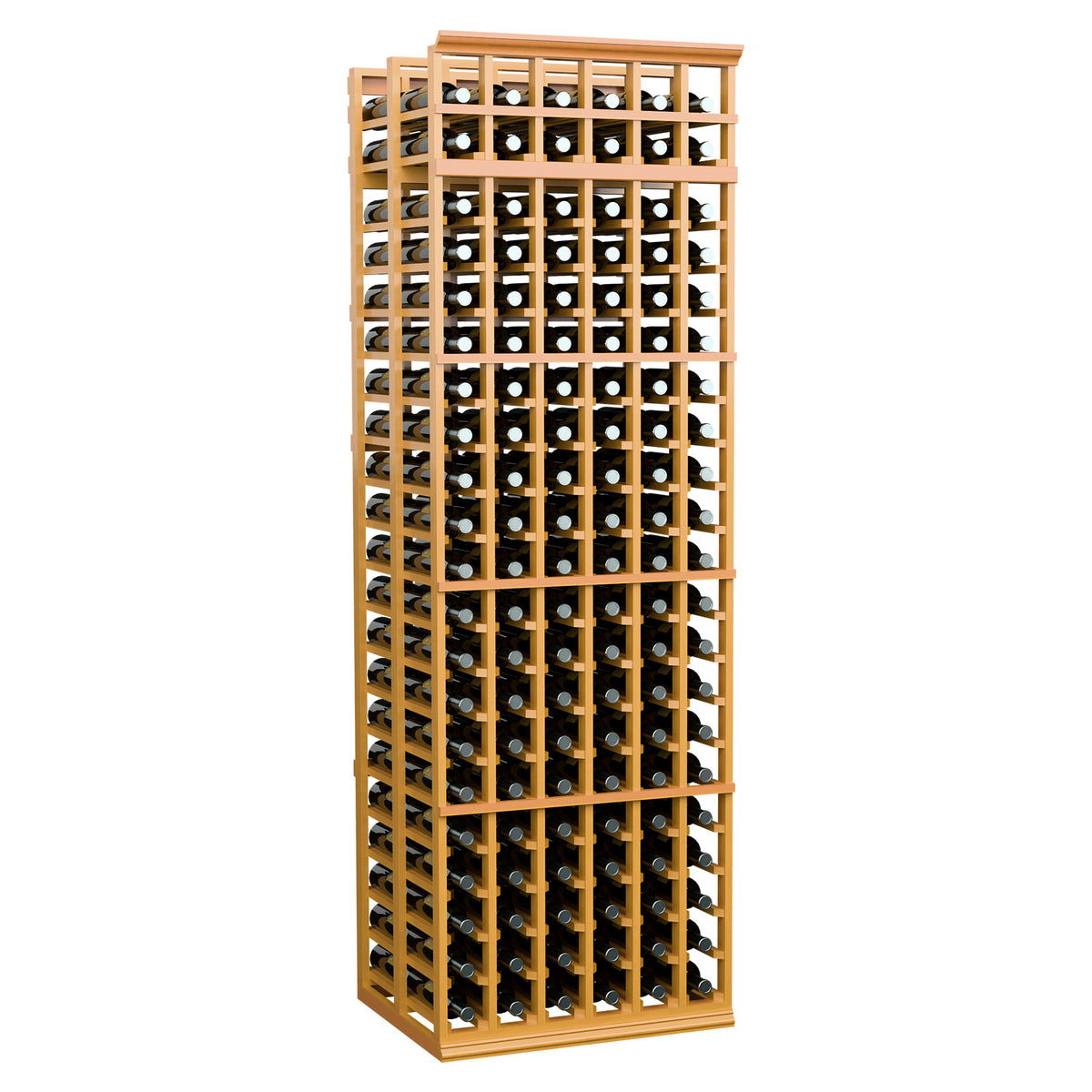 Pale golden wood wine bottle rack, 6 columns, double-deep, 7 ft tall.