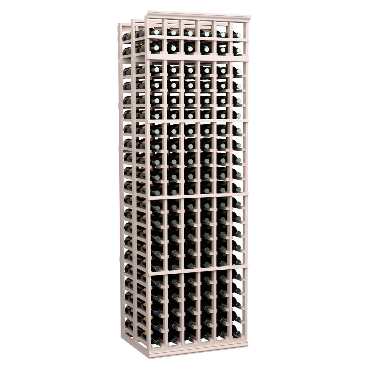 Grey-finished wood wine bottle rack, 6 columns, double-deep, 7 ft tall.