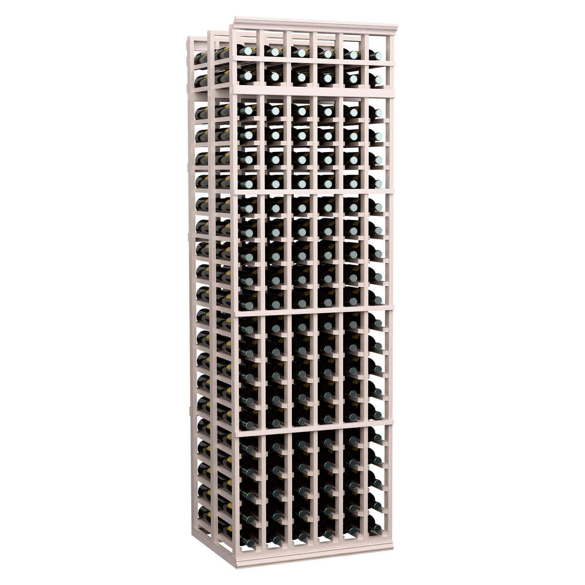 Whitewashed wood wine bottle rack, 6 columns, double-deep, 7 ft tall.