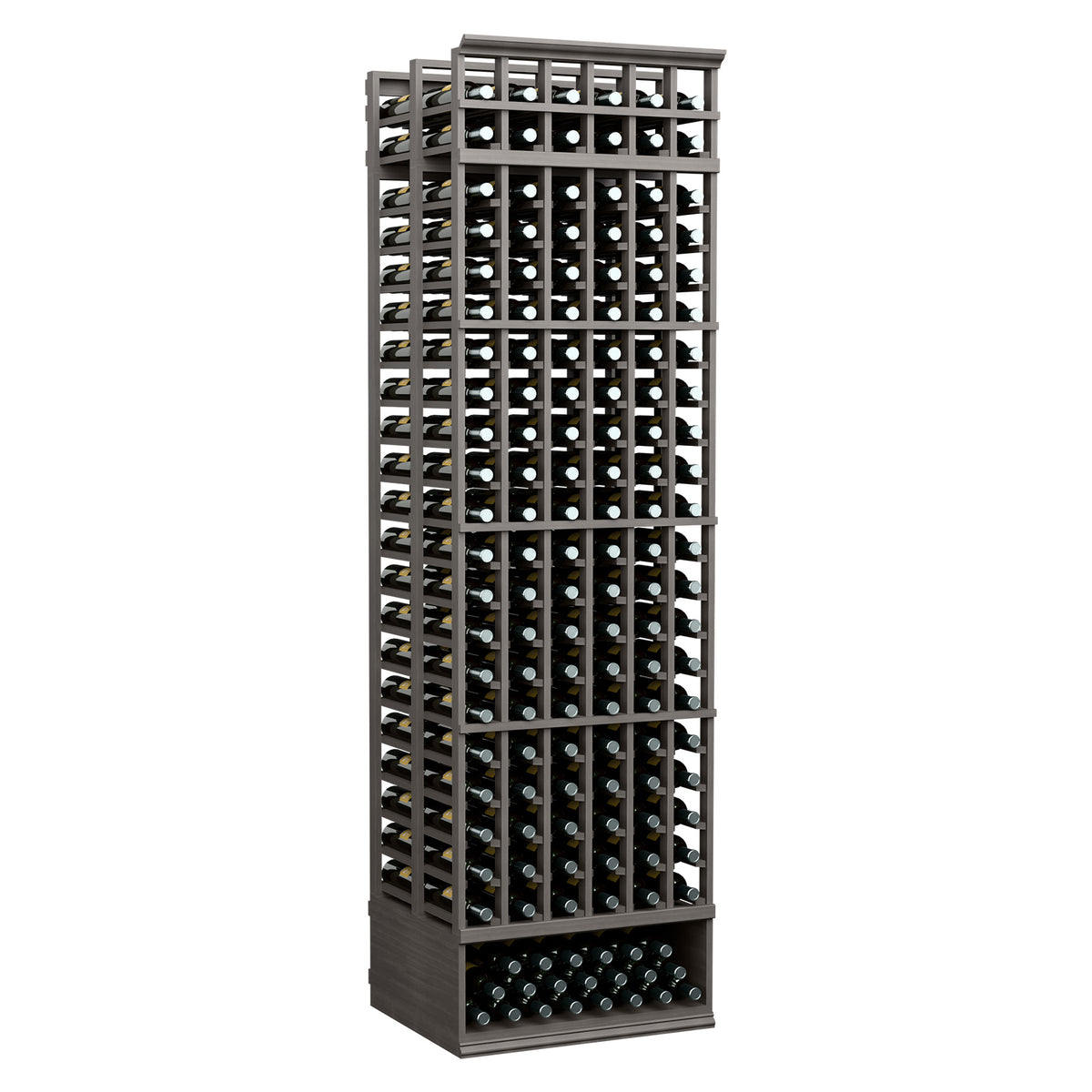 8 ft double-deep 6-column wine bottle rack with dark frame and rows of bottles