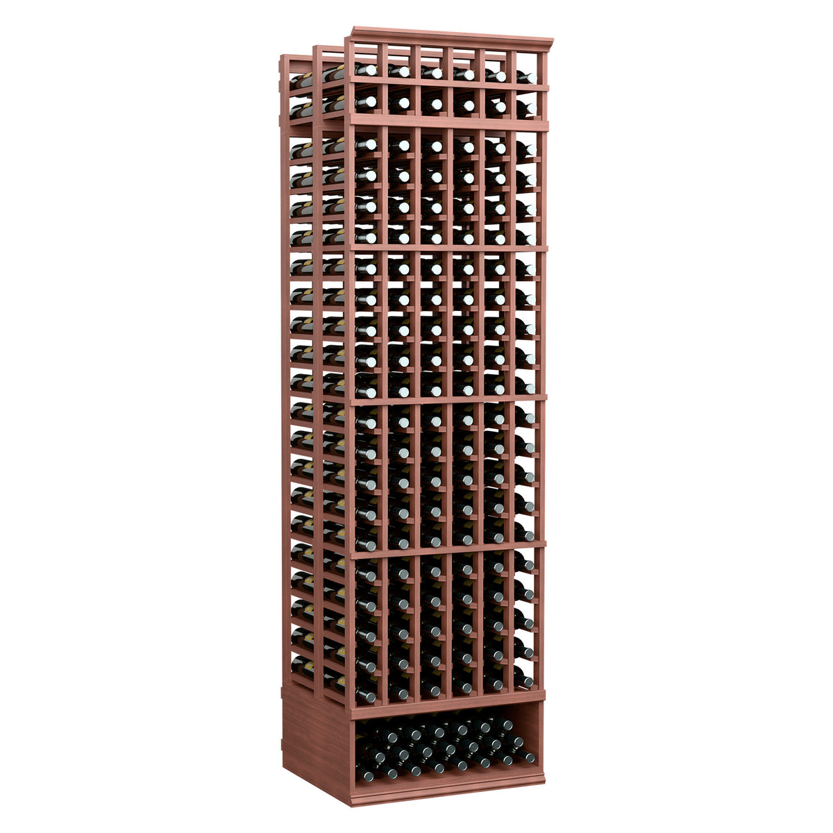 8 ft double-deep 6-column wine bottle rack with warm brown frame and bottle rows