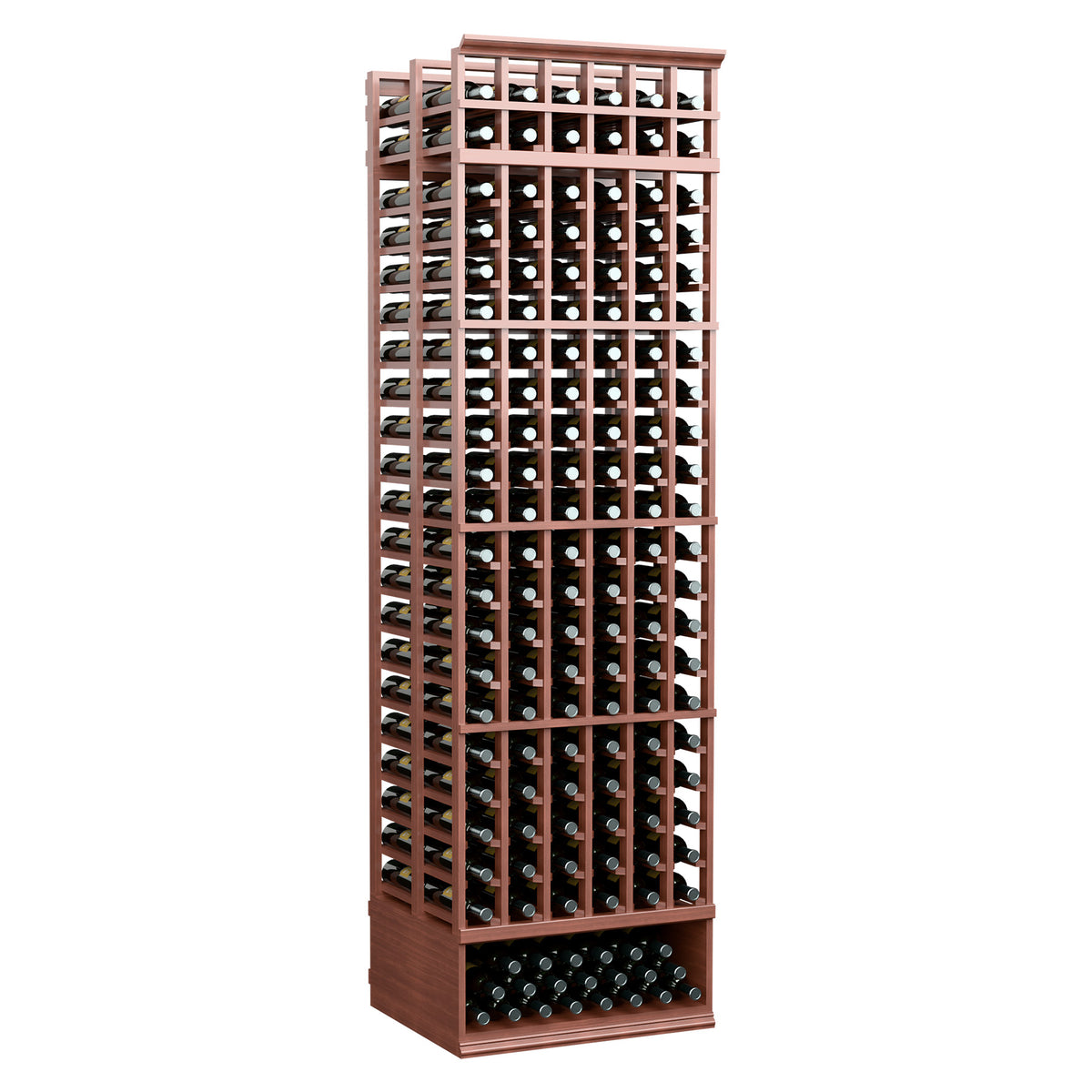 8 ft double-deep 6-column wine bottle rack with warm brown wood frame and bottles