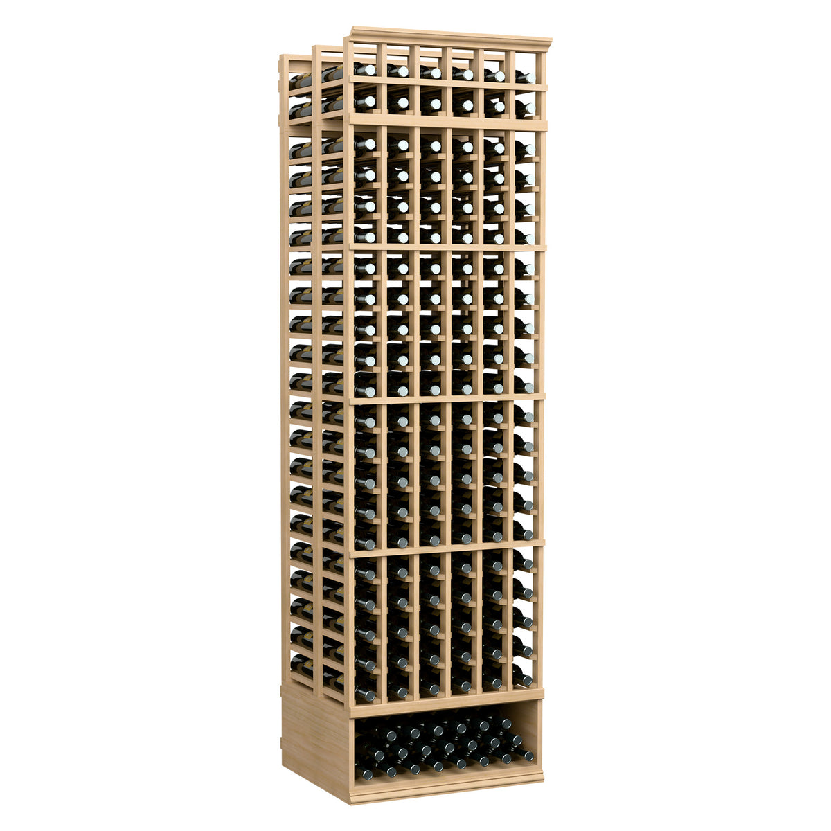 8 ft double-deep 6-column wine bottle rack with light wood frame and bottle grid