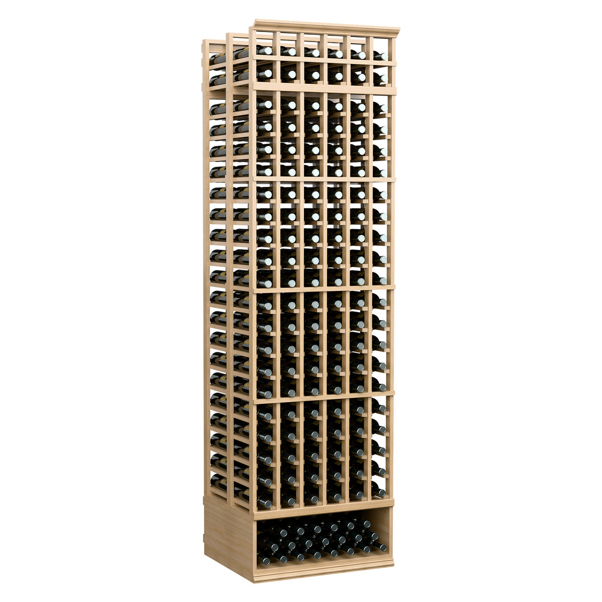 8 ft double-deep 6-column wine bottle rack with light wood frame and stacked bottles