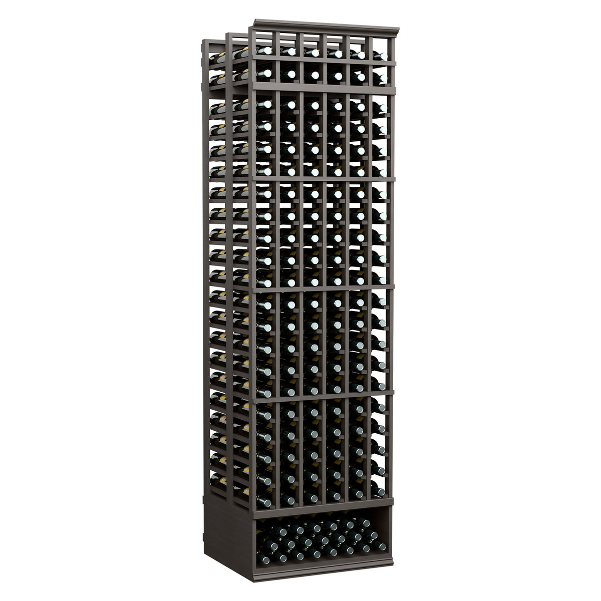 8 ft double-deep 6-column wine bottle rack with dark frame and clear bottle openings