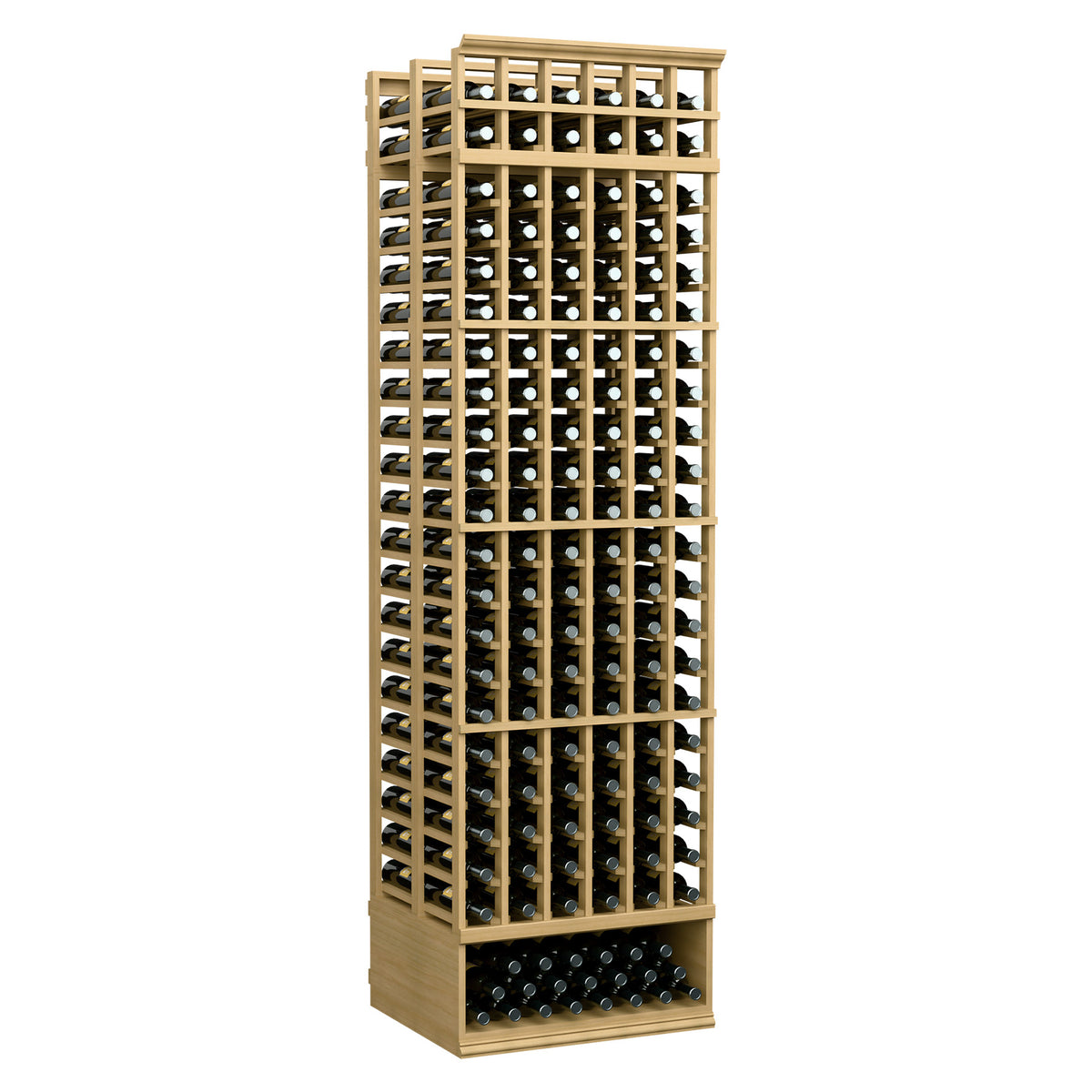 8ft 6-column double-deep wine rack, light wood frame, bottle-slot rows