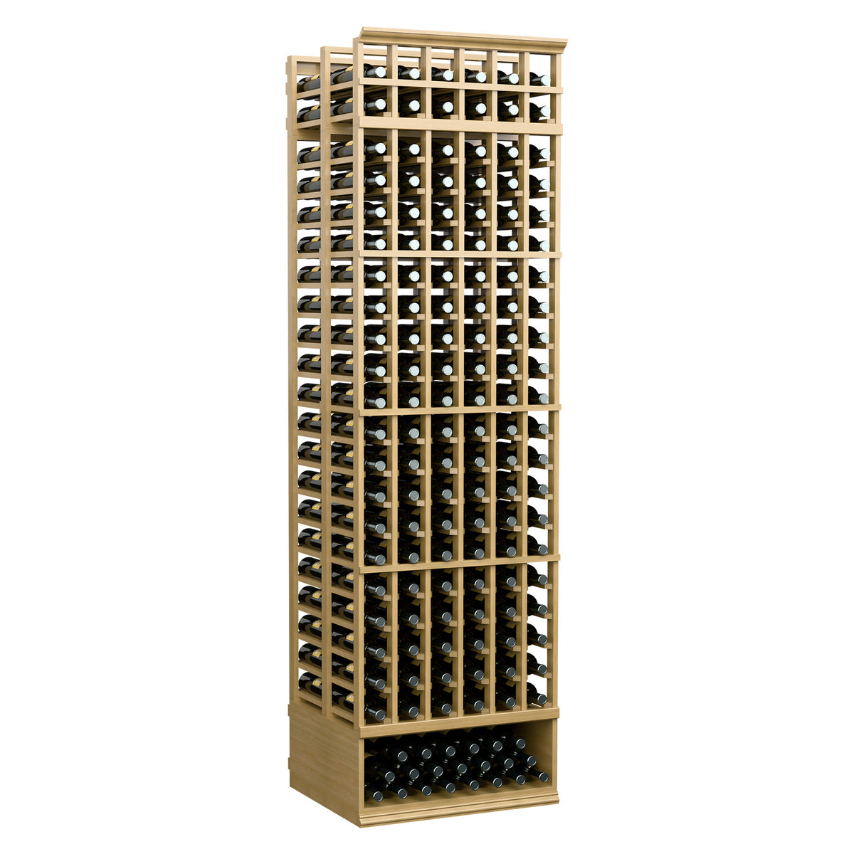 8ft 6-column double-deep wine rack, light wood frame, bottle-slot rows
