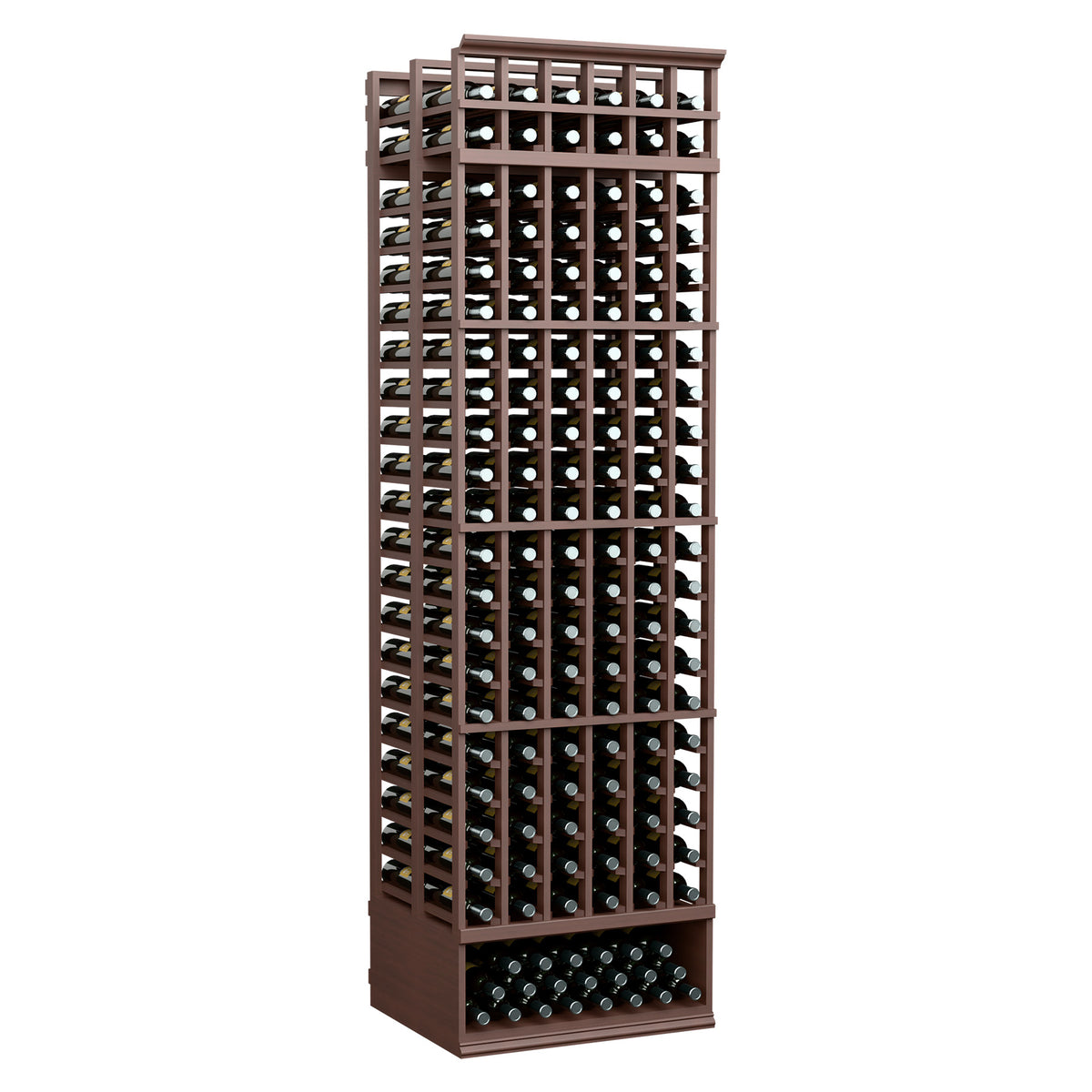 8ft 6-column double-deep wine rack, walnut-brown frame, bottle-slot rows