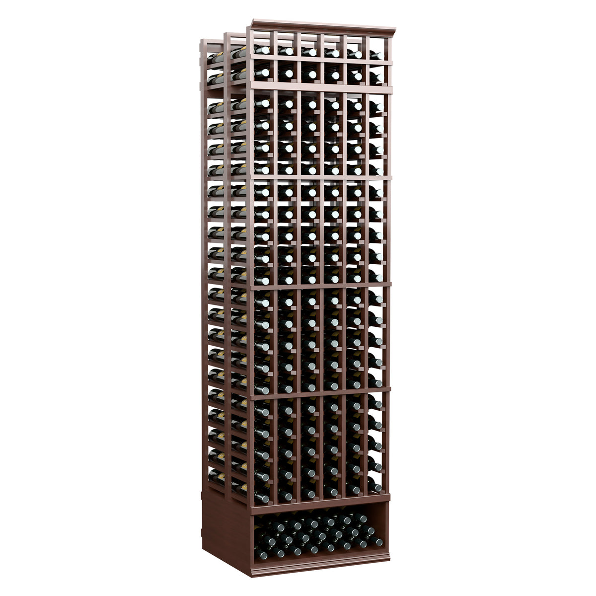 8ft 6-column double-deep wine rack, walnut-brown frame, bottle-slot rows