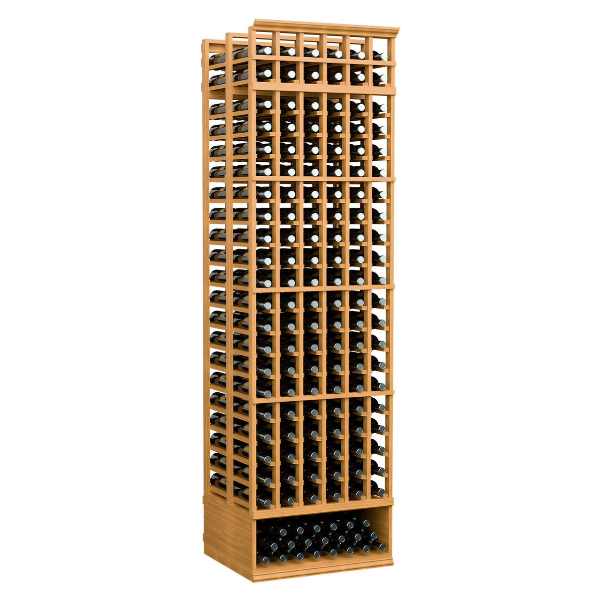 8ft 6-column double-deep wine rack, golden wood frame, bottle-slot rows