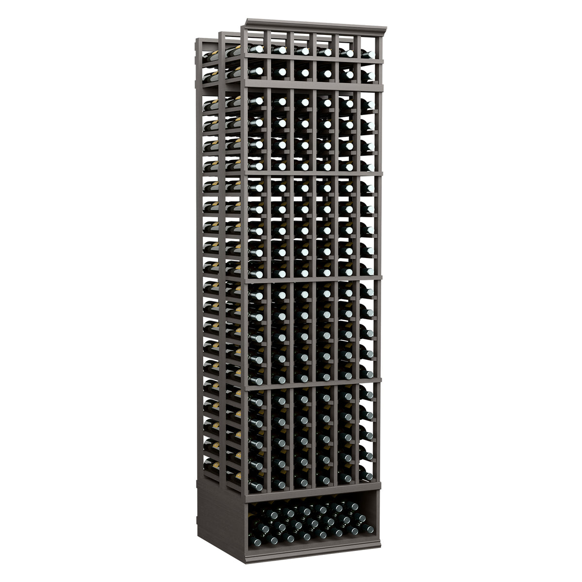 Black 8ft double-deep wine bottle rack, six-column grid with bottles, front view