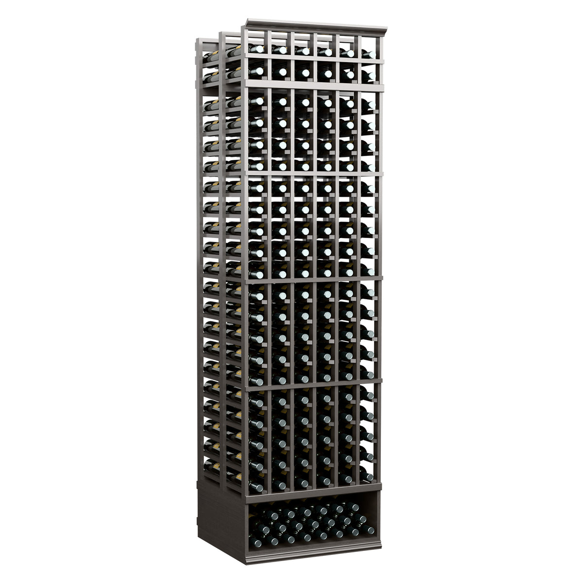 Black 8ft double-deep wine bottle rack, six-column grid with bottles, angled front