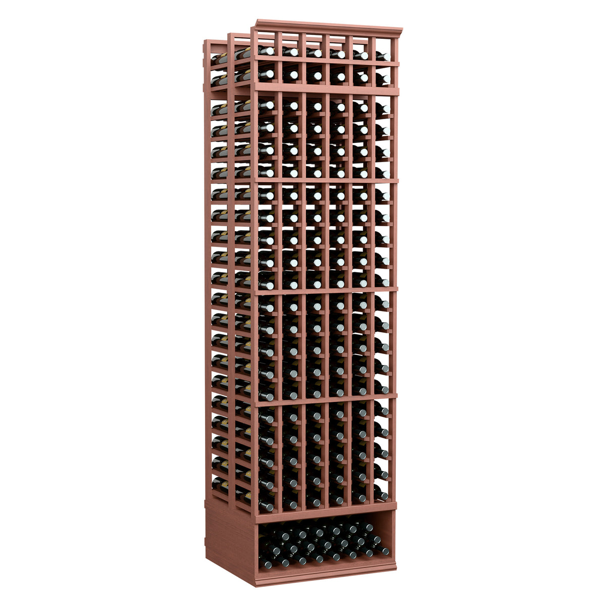 Mahogany-toned 8ft double-deep wine bottle rack, six-column grid with bottles
