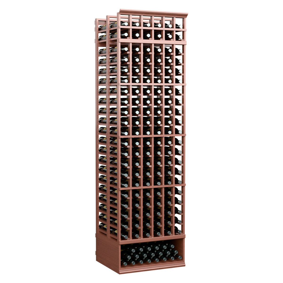 Mahogany-toned 8ft double-deep wine bottle rack, six-column grid with bottles, front