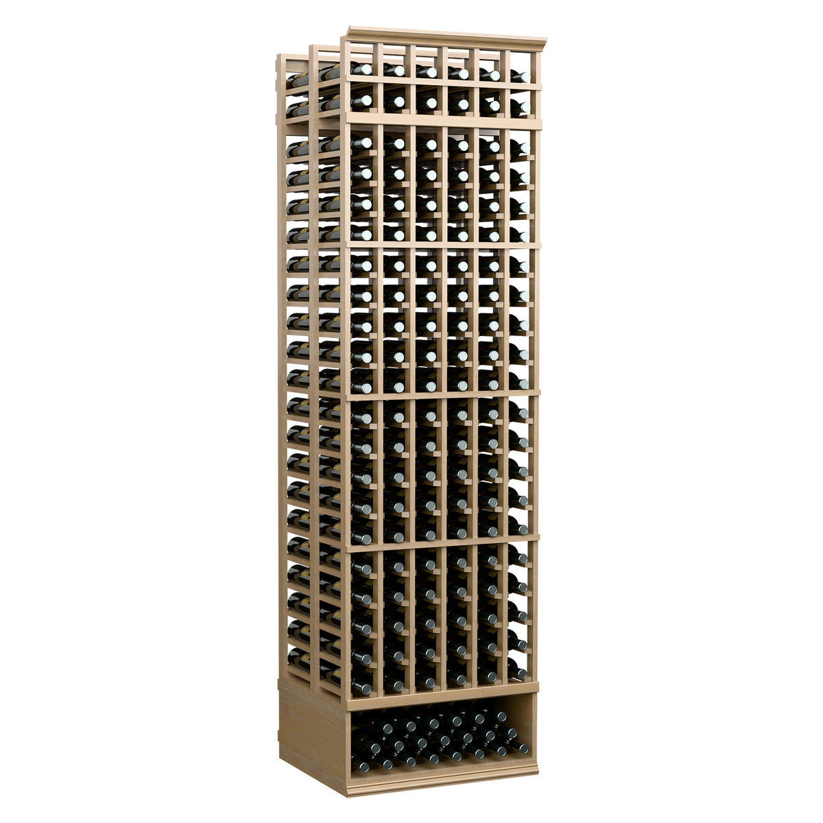 Light tan 8ft double-deep wine bottle rack, six-column grid with bottles, front view