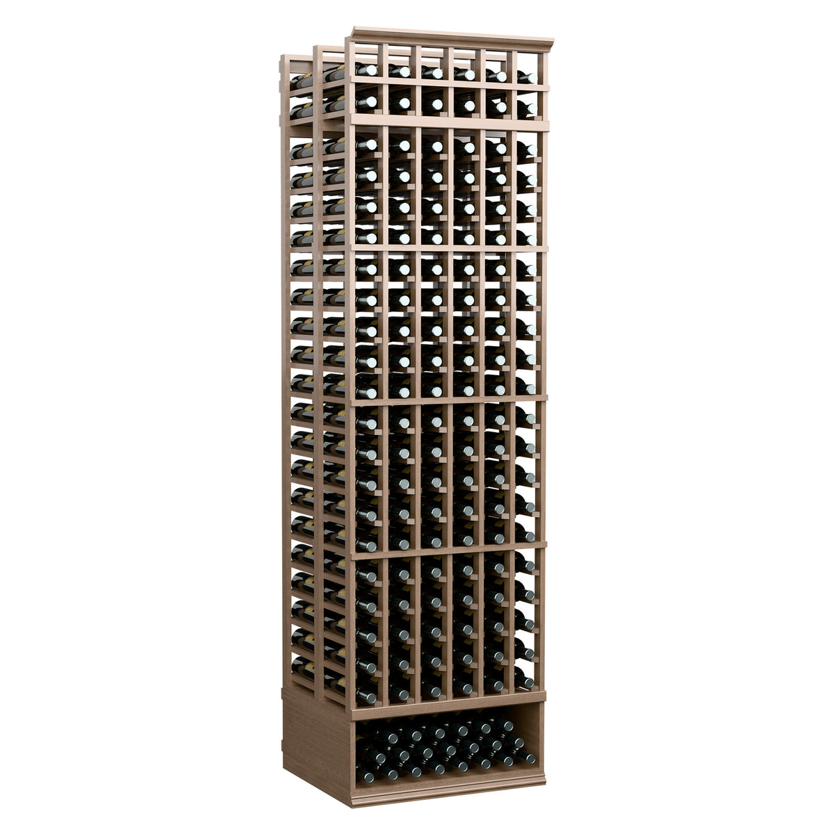 Light tan 8ft double-deep wine bottle rack, six-column grid with bottles, front