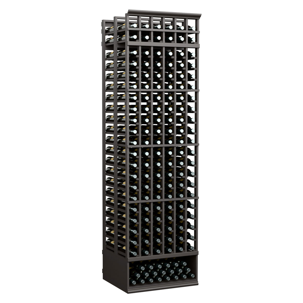 Black 8ft double-deep wine bottle rack, six-column grid with bottles, front