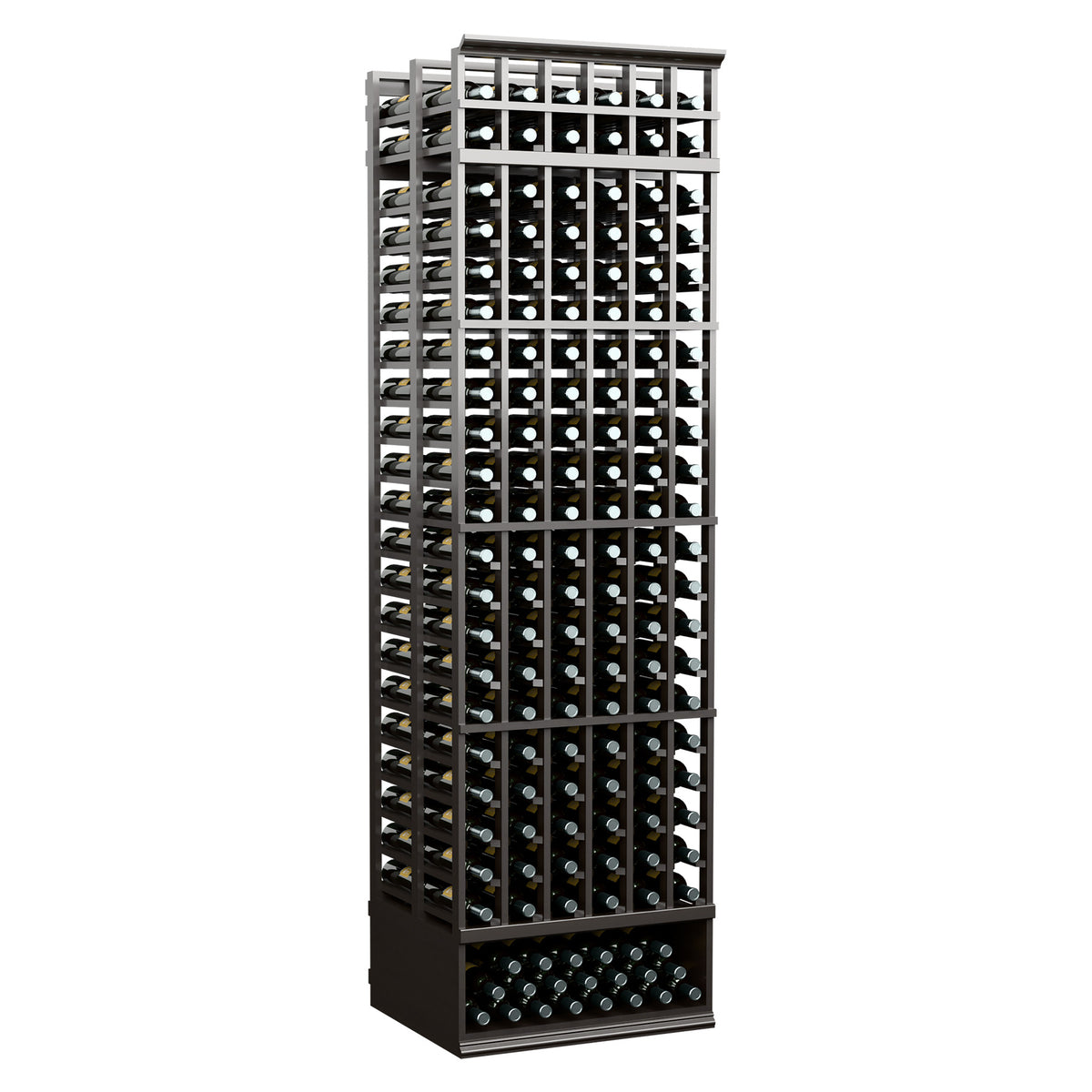 Black 8ft double-deep wine bottle rack, six-column grid with bottles, angled front