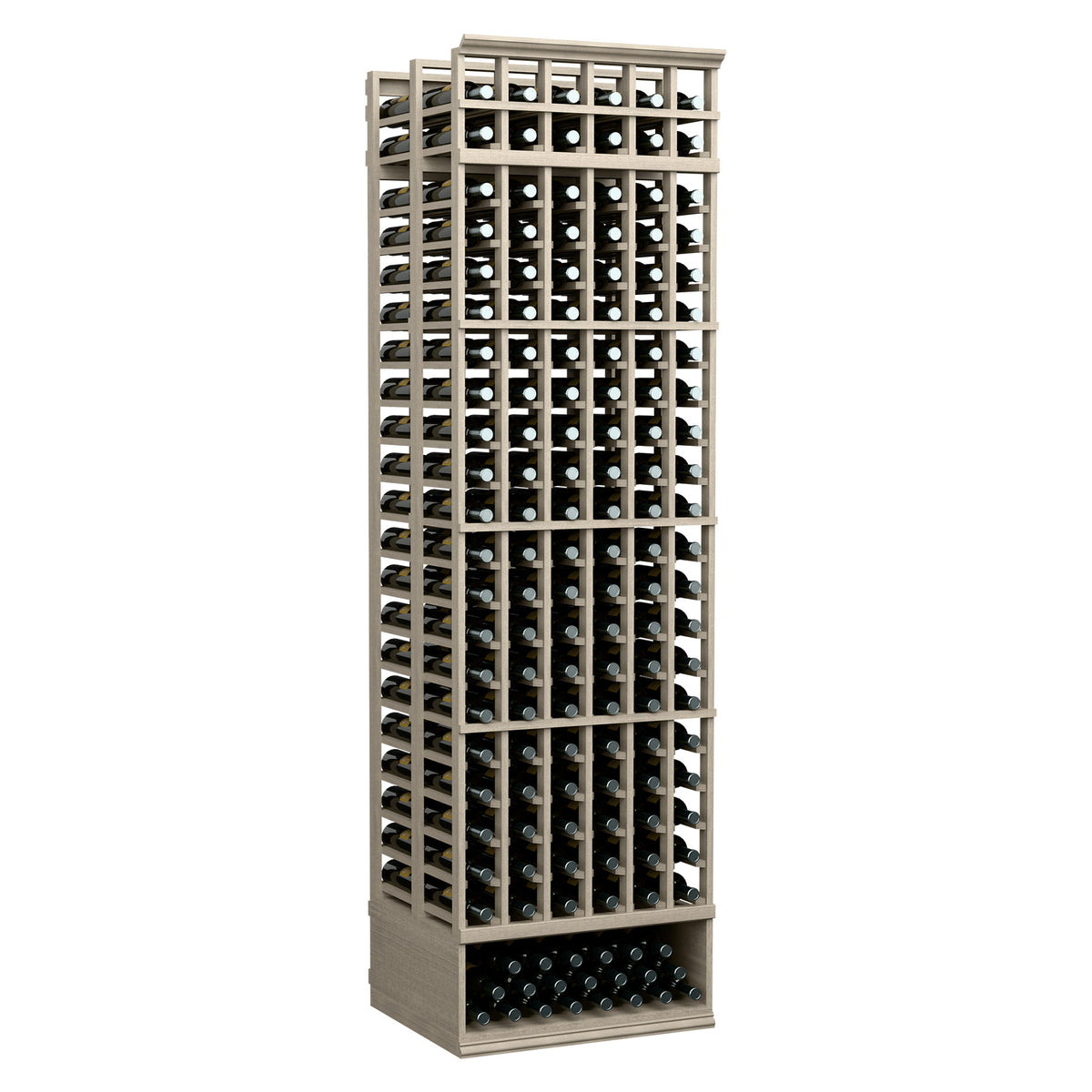 Wine bottle storage rack, 6-column double-deep, whitewashed wood frame with bottle slots.