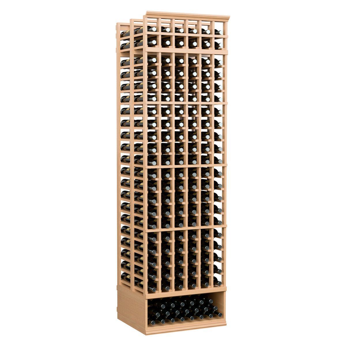 Wine bottle storage rack, 6-column double-deep, light stained wood frame with bottle slots.
