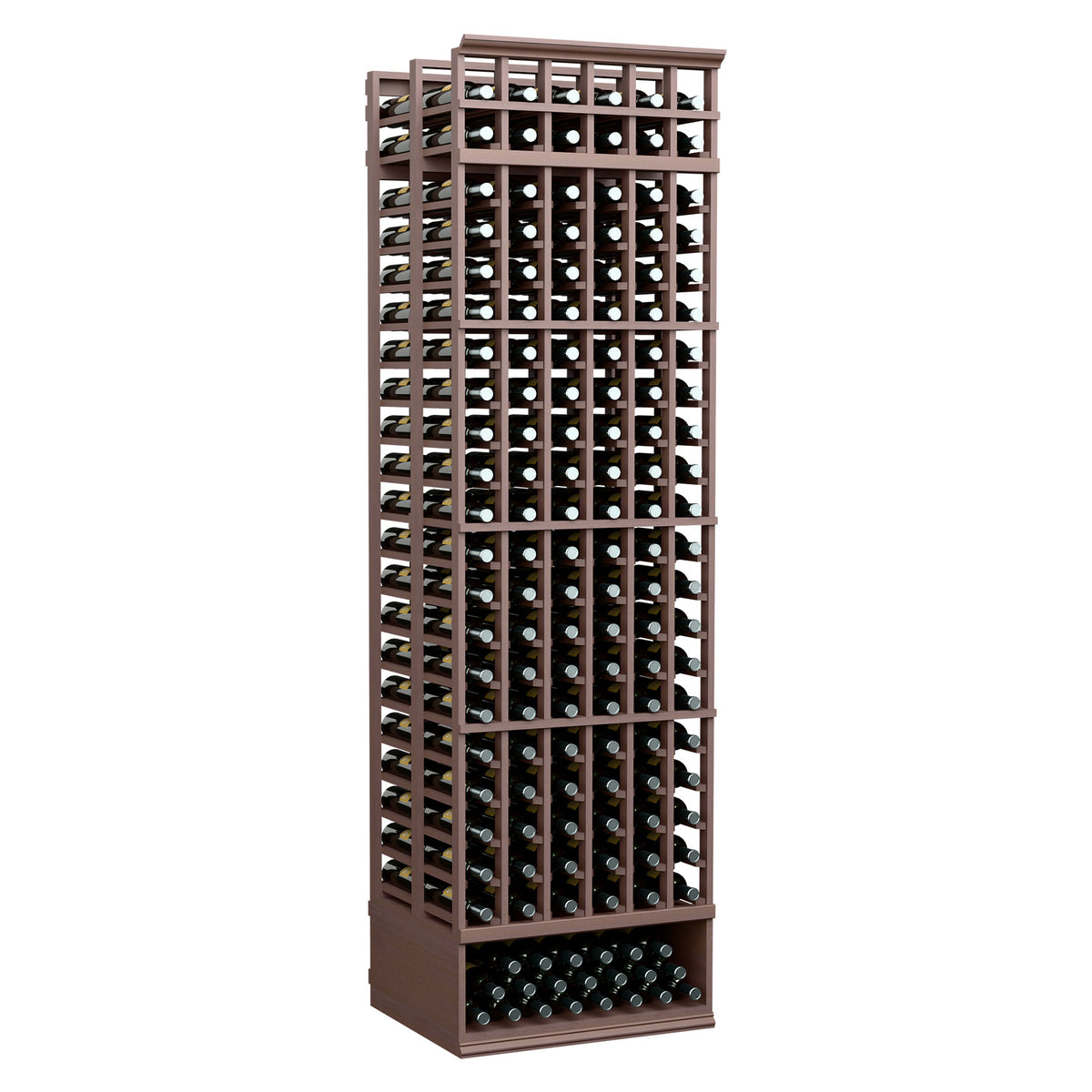 Wine bottle storage rack, 6-column double-deep, dark stained wood frame with bottle slots.