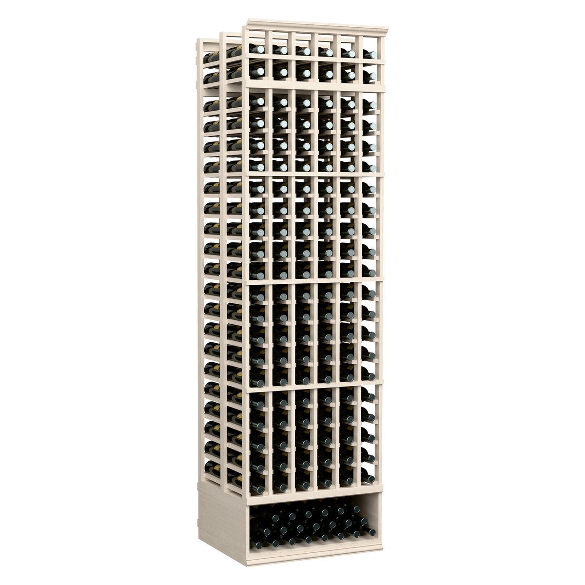 Wine bottle storage rack, 6-column double-deep, whitewashed wood frame with bottle slots.