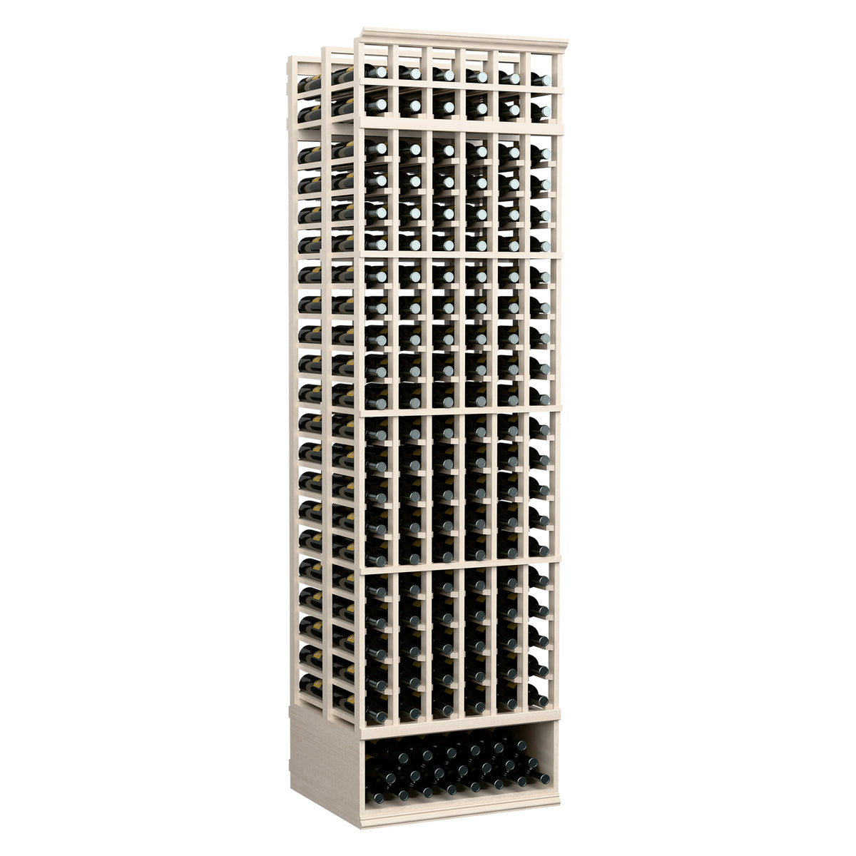 Wine bottle storage rack, 6-column double-deep, whitewashed wood frame with bottle slots.