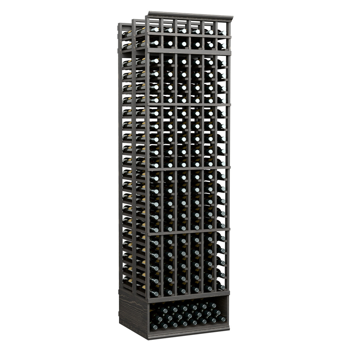 Dark 6-column double-deep wine bottle rack with front bottle grid, 8 ft tall