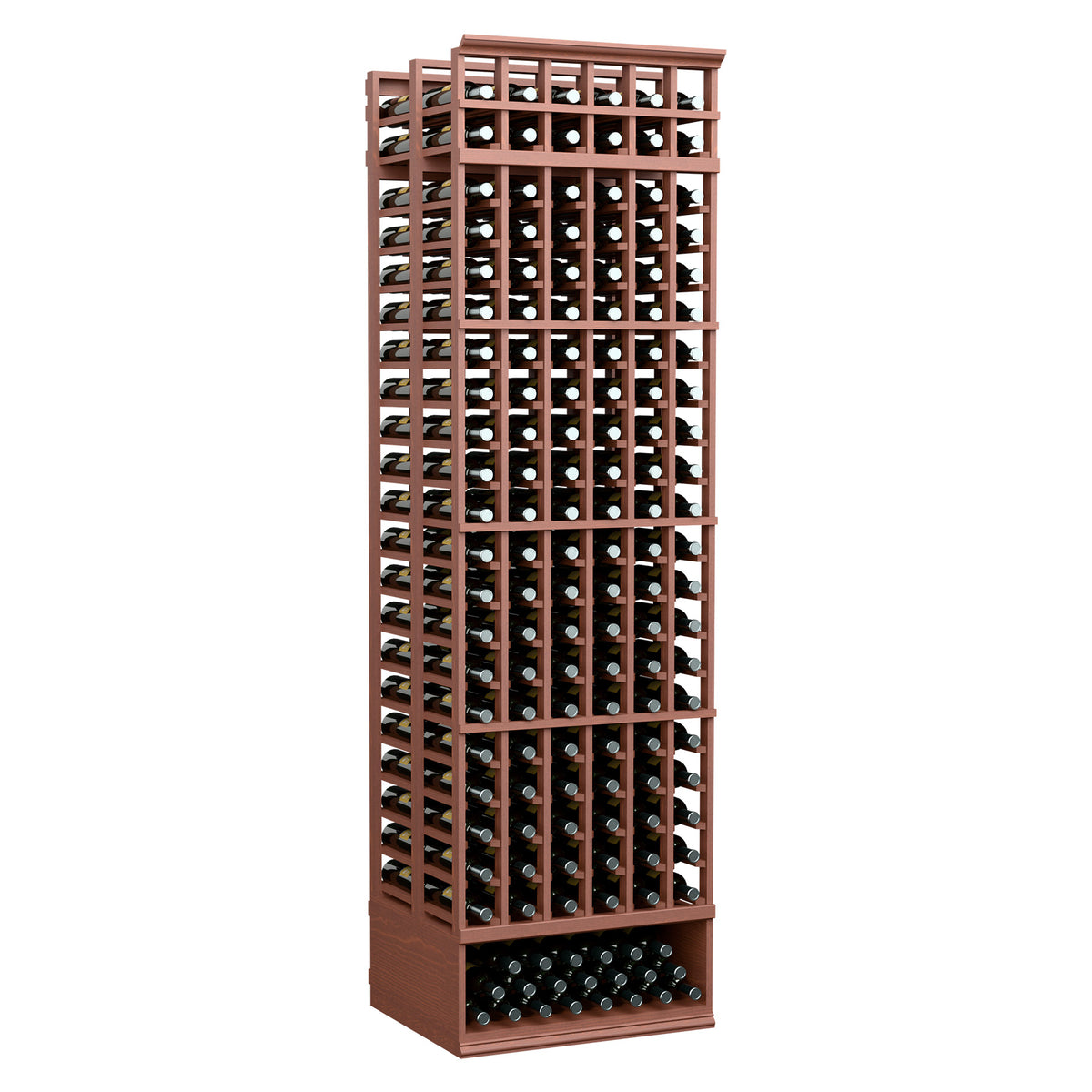 Red-brown 6-column double-deep wine bottle rack with front bottle grid, 8 ft tall