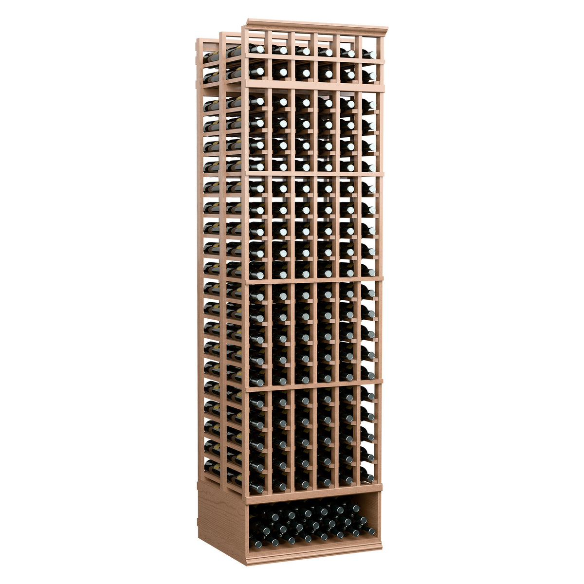 Light tan 6-column double-deep wine bottle rack with front bottle grid, 8 ft tall