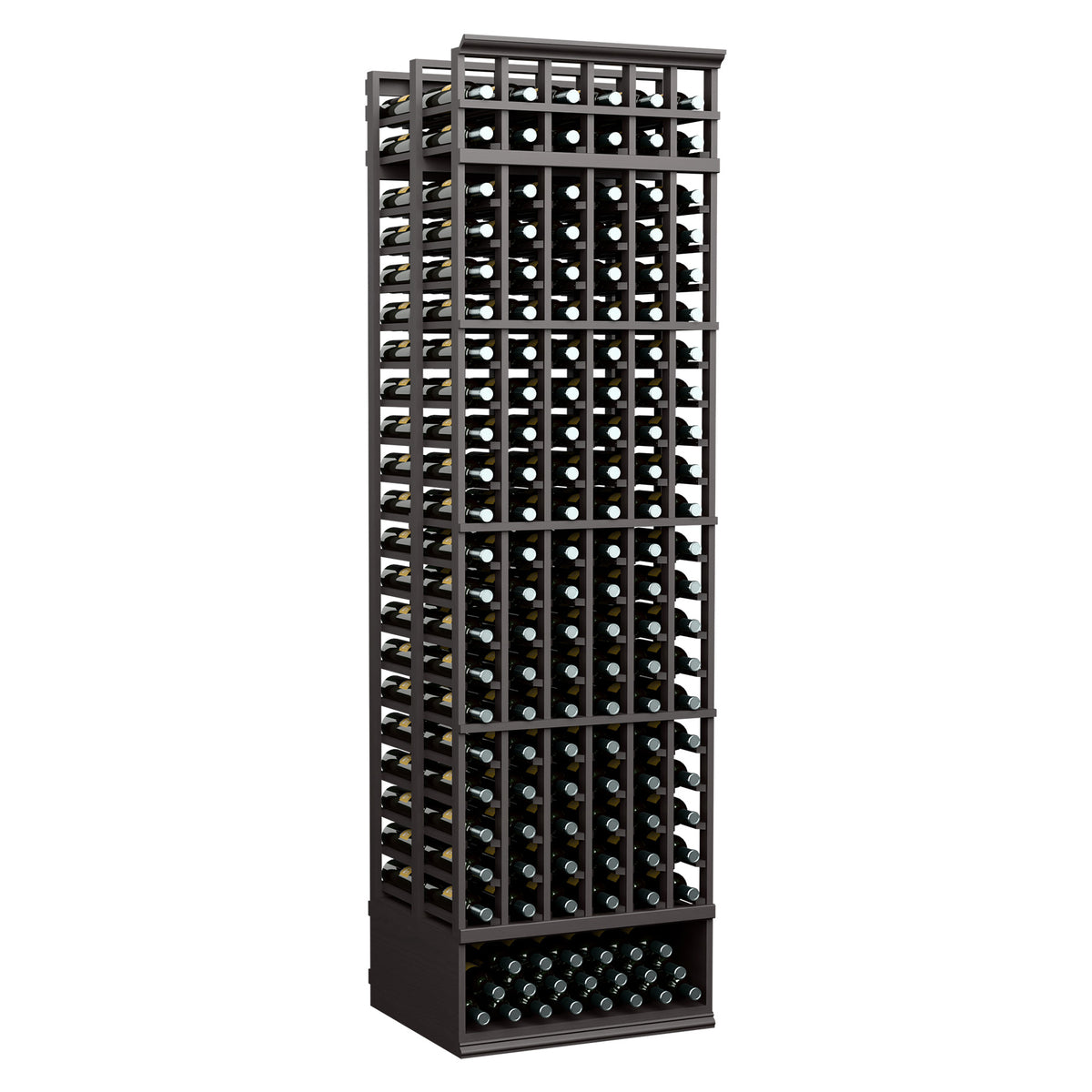Black 6-column double-deep wine bottle rack with front bottle grid, 8 ft tall