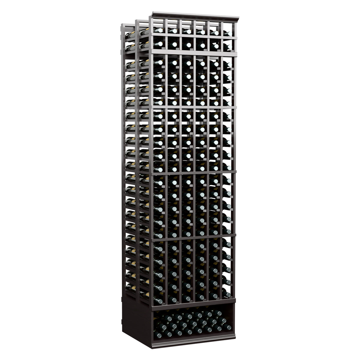 Light gray 6-column double-deep wine bottle rack with front bottle grid, 8 ft tall