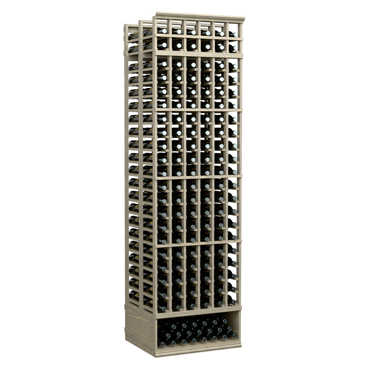 Dark wood 6-column double-deep wine bottle rack with two front bottle rows