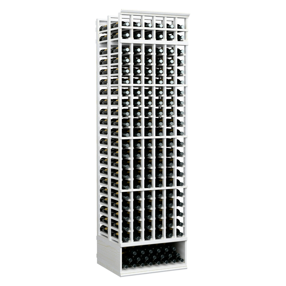 White-finished 6-column double-deep wine bottle rack with two front bottle rows