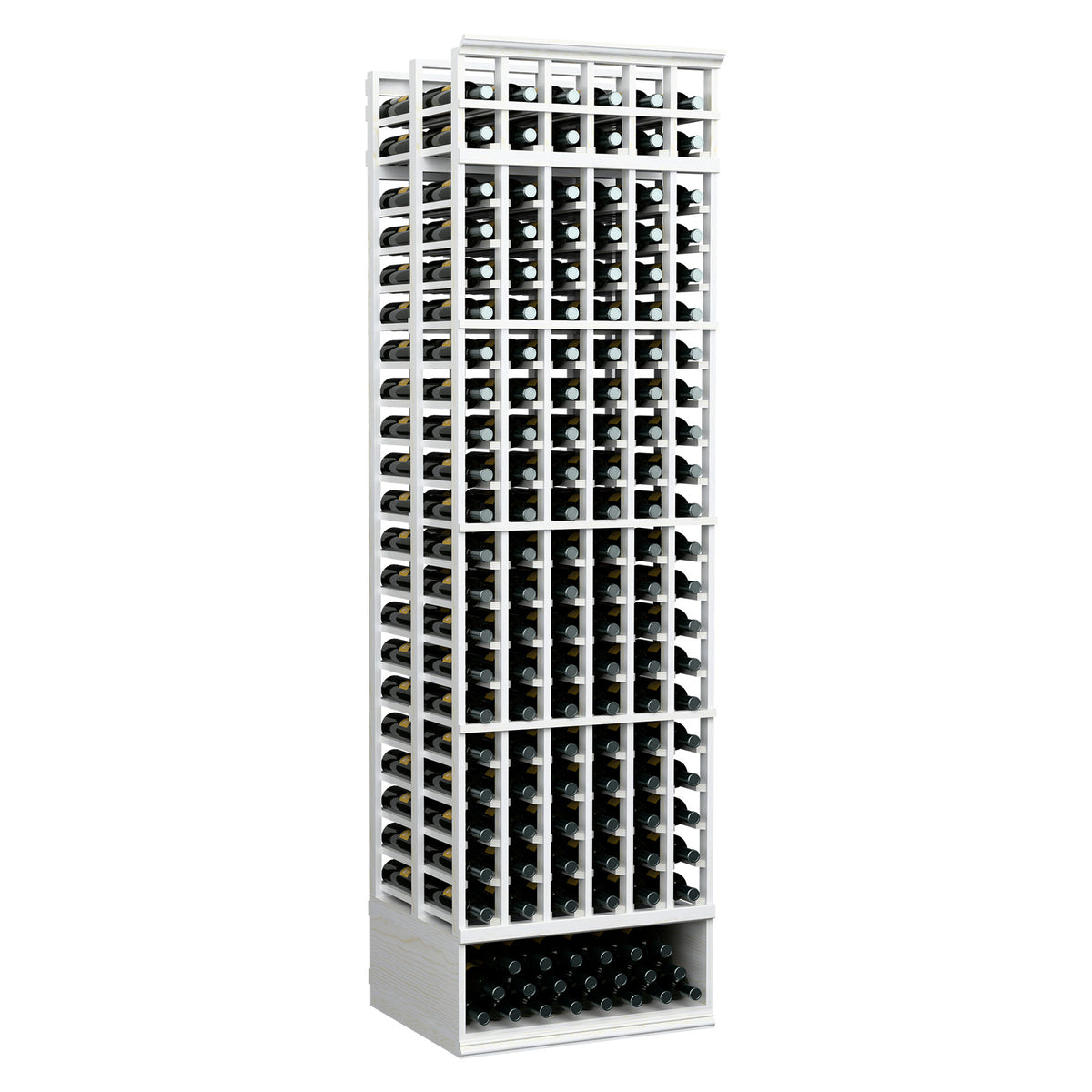 White wine bottle rack with tall 6-column double-deep frame and bottle compartments