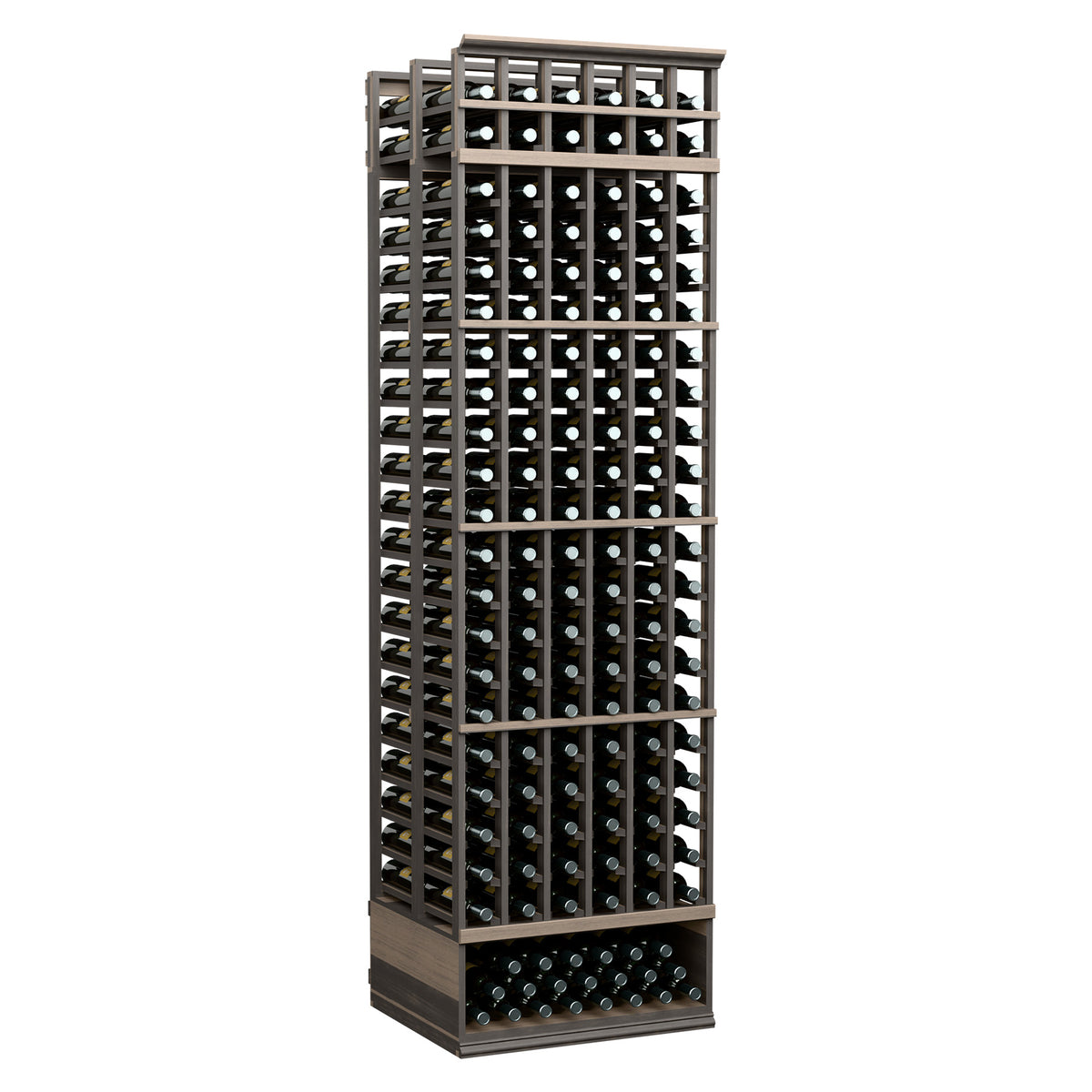 Dark stained wooden wine bottle storage rack with front grid and bottle slots