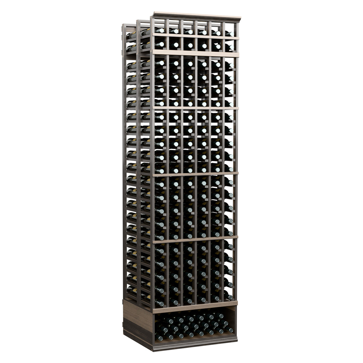 Dark wine bottle storage rack with wooden frame, front grid, and bottle openings