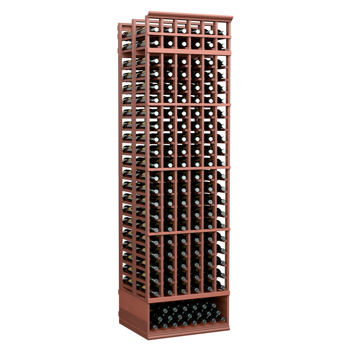 Red-stained wooden wine bottle storage rack with front grid and bottle slots