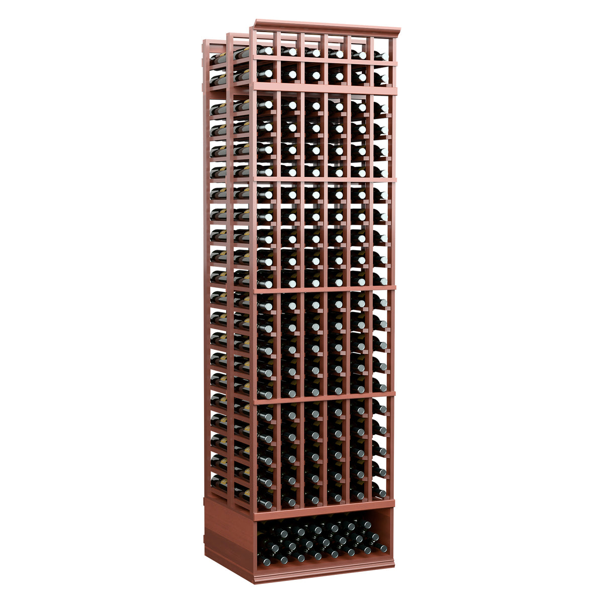 Red wooden wine bottle storage rack with front grid, metal rails, and bottle openings