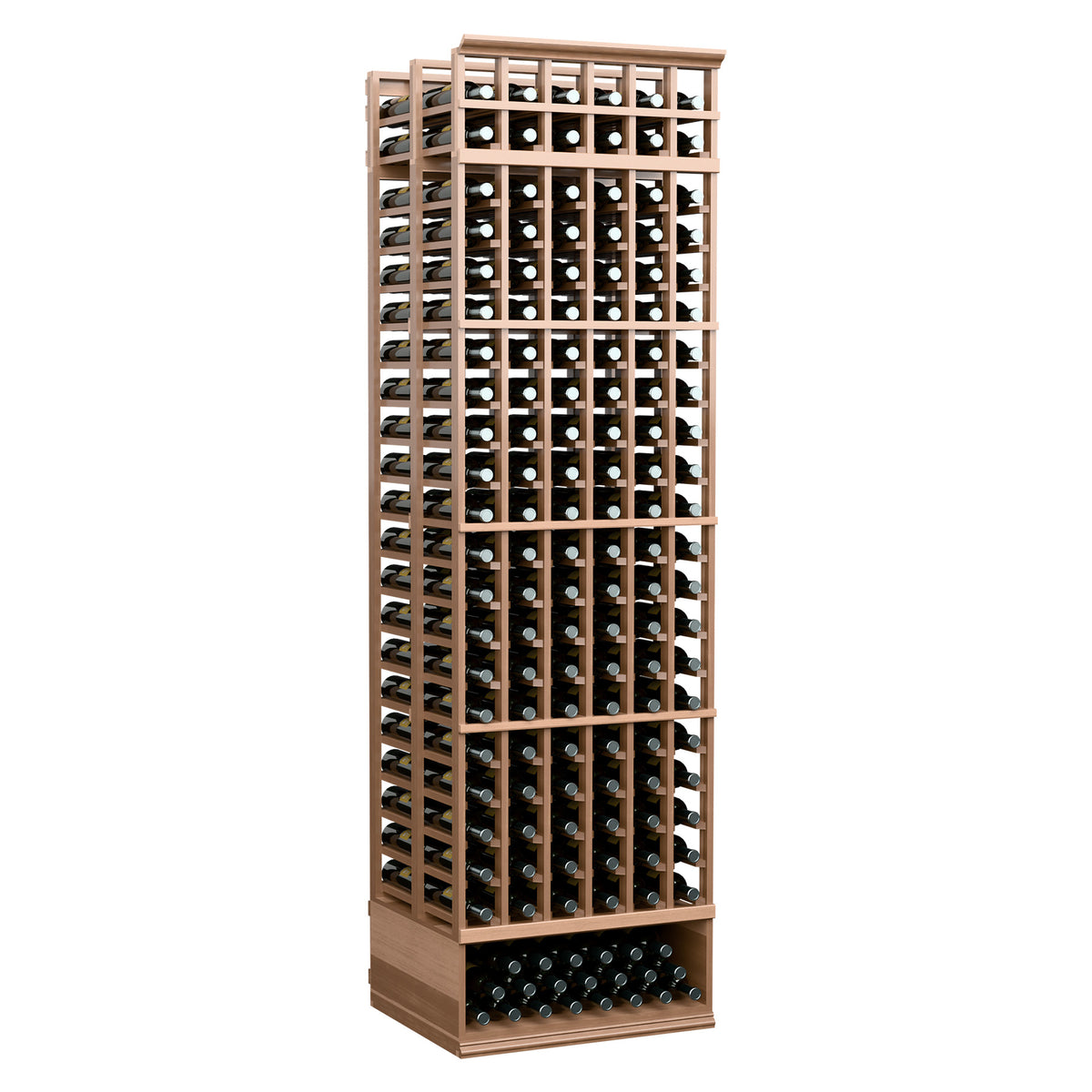 Light wood wine bottle storage rack with front grid, metal rails, and bottle openings