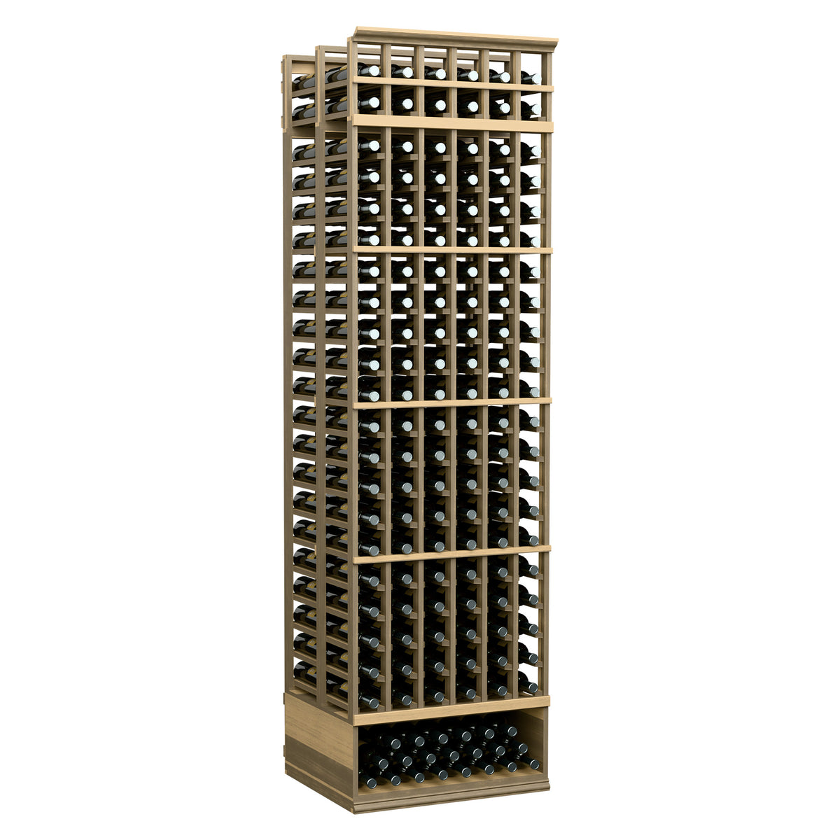Light wooden wine bottle storage rack with front grid and bottle slots
