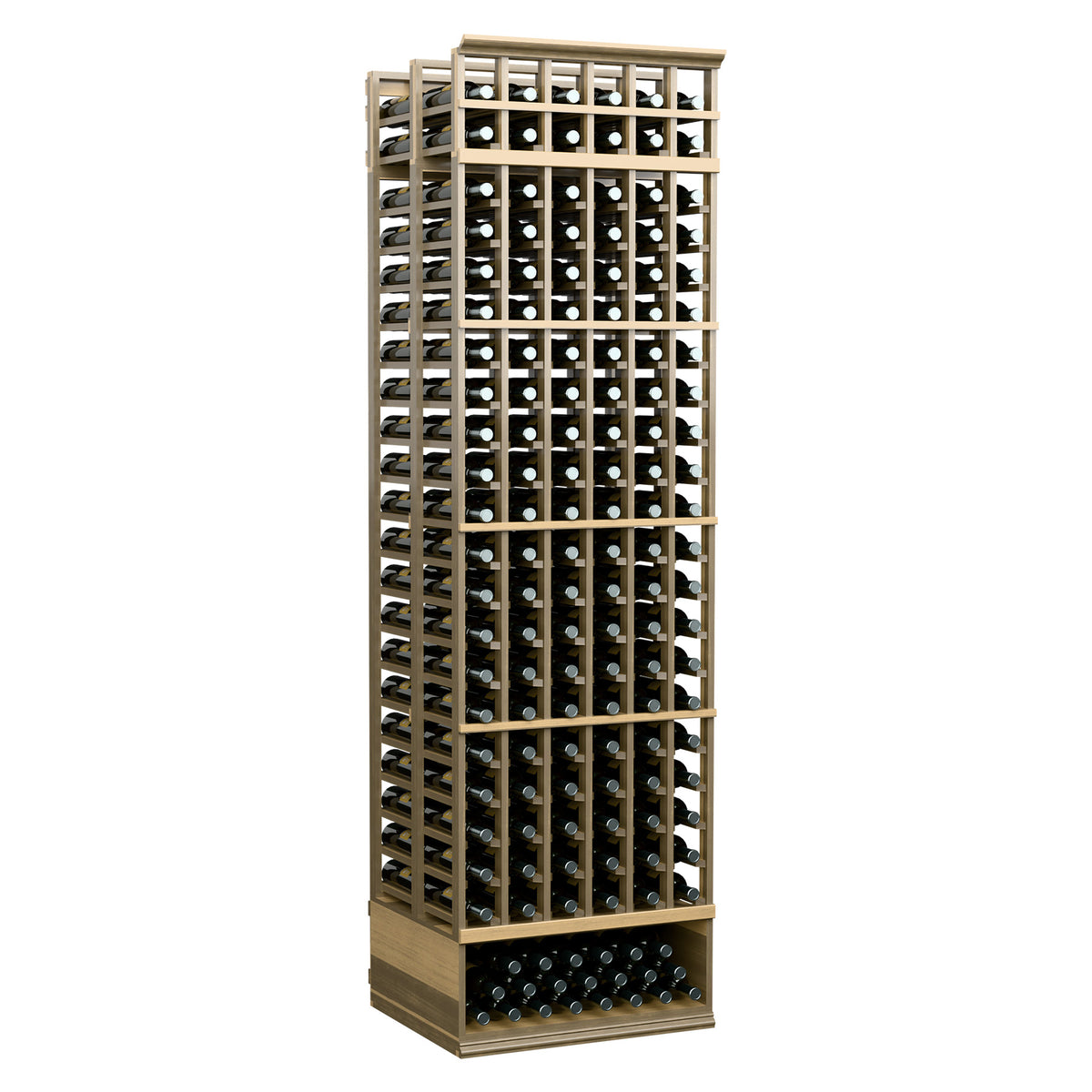 Pale wood wine bottle storage rack with front grid and multiple bottle openings