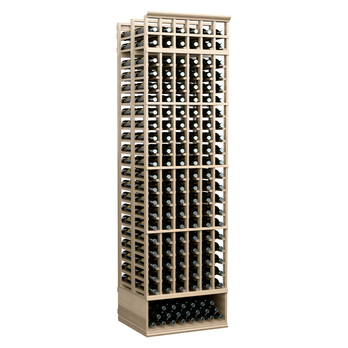 6-column double-deep wooden wine bottle rack with gray-stained frame and dark bottle rows