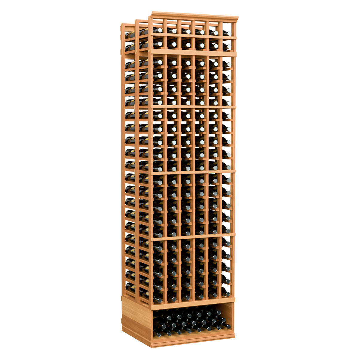 6-column double-deep wooden wine bottle rack with warm red-brown frame and dark bottle rows