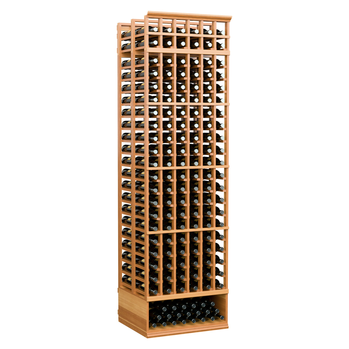 6-column double-deep wooden wine bottle rack with warm red-brown frame and black bottle bases